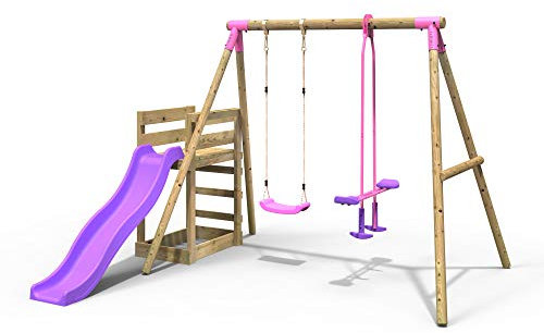 Rebo® Wooden Swing Set Plus Deck and Slide - Star Pink | OutdoorToys | Glider and Standard Swing Seats, Sturdy Wooden Construction, Pressure Treated Timber
