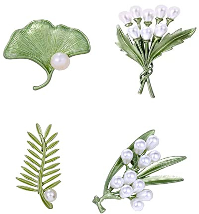 4 Piezas Broches de Perlas de Esmalte Verde, Broches de Perlas de Hojas Vintage, Broches de Decoración de Plantas, Utilizados para fiestas, Bodas y Cumpleaños(Verde Puro)