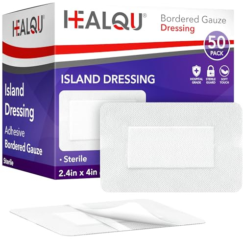 HEALQU Bordered Gauze Island Dressing - 50 Count, 2.4x4 Sterile Individually Wrapped Gauze Pads with Water-Resistant, Non-Woven Backing - Soft and Breathable Wound Dressing for First Aid & Medical