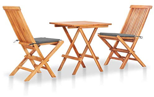 Tidyard 3-TLG. Bistroset mit Grauen Kissen Barset Bistrotisch mit 2 Stühle Sitzgruppe Gartenset Balkonset Gartenmöbel Balkonmöbel Essgruppe Sitzgarnitur Massivholz Teak