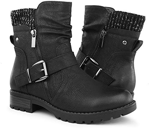 Hawkwell Women's Combat Boots Fashion Side Zipper Buckle Ankle Booties,Black PU,9.5 M US