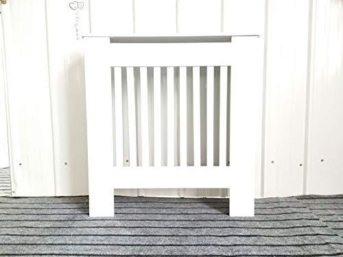 BRIEFNESS Radiator Cover Small, MDF Radiator Shelf, Heating Hide-Out Cover, Modern Cabinet Top, Vertical Slat, White Painted, for Living Room Bedroom Hallway Decor Display Heater Safety Protection