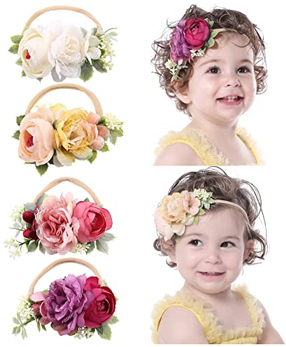 Cinaci 4 Stück Zarte Rosenblüte Super Stretch Nylon Stirnbänder Haarbänder Zubehör für Baby Mädchen, Neugeborene, Säuglinge, Kleinkinder und Kinder