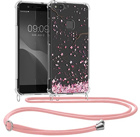kwmobile Necklace Case kompatibel mit Huawei P10 Lite Hülle - Silikon Cover mit Handykette - Rosa Dunkelbraun Transparent Kirschblütenblätter
