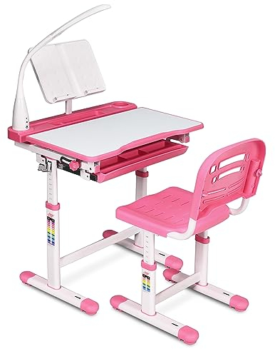 COSTWAY Kinderschreibtisch höhenverstellbar, Schülerschreibtisch mit Lampe, Kindermöbel neigungsverstellbar, Kindertisch mit Stuhl, Schreibtisch mit Schublade, Farbewahl (Hellrosa)
