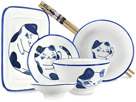 DigiTizerArt Japanisches Geschirr 6er Set für 1, Asiatisches Essen Sushi Teller Miso Suppenschüssel und Essstäbchen mit Geschenkbox, Niedliches Katzenmotiv