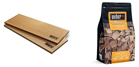 Weber 17522 Cèdre, Bois, Bâton de Fumée Marron, 300 x 150 x 11 mm & Copeaux de Bois Hêtre - goût fumé doux - 100% naturel FSC - 0,7 kg