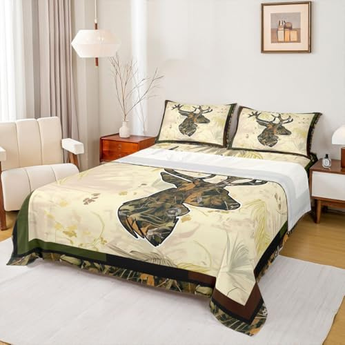 Erosebridal Hunting Deer Bedding Sets Queen Woodland Camo Antler Bed Sheet Set Western Rustic Farmhouse Bed Sheets for Cabin Lodge,Nature Conifer Oak Branch Fitted Sheet + Flat Sheet + 2 Pillow Cases