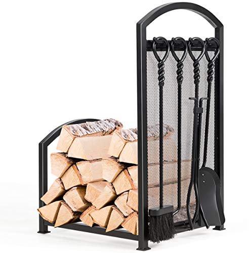 COSTWAY Kaminholzregal mit 4 Kaminwerkzeug, Kaminholzständer Metall, Feuerholzablage, Brennholzregal, Holzscheitregal 5-teiliges Set für Innen- und Außenbereiche