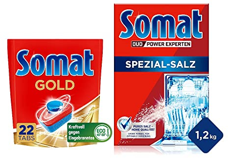 Somat Gold Spülmaschinen Tabs (22 Tabs), strahlend sauberes Geschirr, Extra-Kraft gegen Eingebranntes & Somat Spezial Salz 1,2Kg