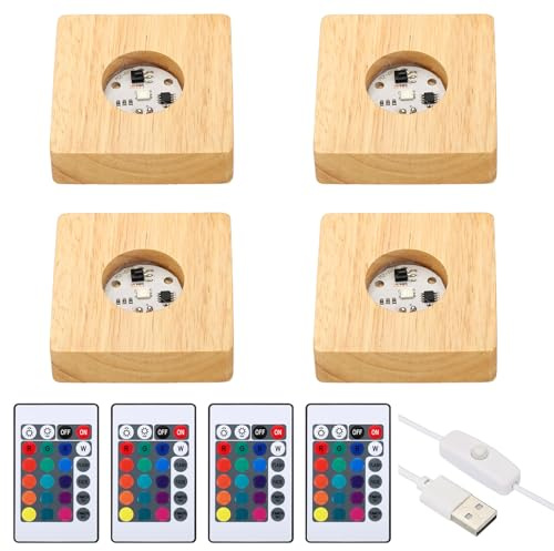 PATIKIL 4 Pcs Wooden Light Stand Base 2.8, 16 Colors LED Lights Display Base 1.5Meter Line Length with Remote Control for Acrylic Night Light 3D Crystal Glass Resin Art, Square