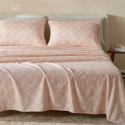 Vintage Comfort 100% Turkish Cotton King Flannel Sheets Set | Pink Floral, Farmhouse, Soft Flannel Sheets | Warm, Double Brushed Bed Sheets (King, Floral - Rose Pink)