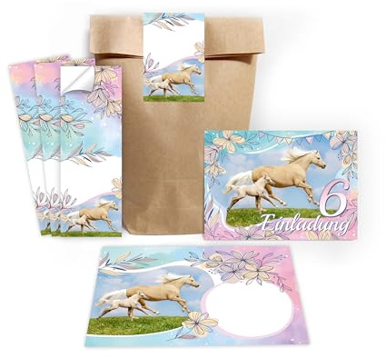 Minkocards 12 Einladungskarten zum 6. Kindergeburtstag Mädchen Pferd mit Fohlen Einladung sechste Geburtstag incl. 12 Umschläge, 12 Partytüten/natur, 12 Aufkleber Einladungsset