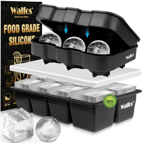 Walfos Silikon große Eiswürfelbehälter-Set, Eisball 6fach und 8fach großer quadratischer Eiswürfelbehälter, leicht herauszuspringen,BPA-frei und spülmaschinenfest,für Cocktails, Whisky, Babynahrung