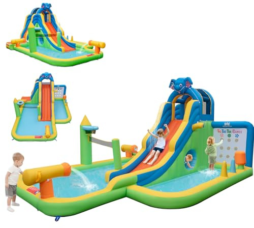 COSTWAY 9 en 1 Château Gonflable en Forme Éléphant avec Toboggan & Mur d'escalade, Aire de Jeux Gonflable avec Piscine à Balles, Charge 90kg pour 3-4 Enfants de 3-10 Ans, 378x469x250CM