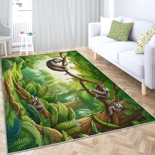Teppich 160x230cm rutschfest Waschbar Teppich, Waldtier Faultier Druck Teppich für Dekoration Schlafzimmer Kinderzimmer Wohnzimmer Kurzflor Teppich Grün Flanell Kinderteppiche
