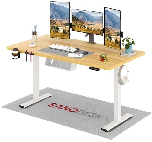SANODESK Escritorio Elevable Eléctrico 160cm, Regulable en Altura con Memoria, Estable y Silencioso, Soporte hasta 100 kg, con Gancho y Portabotella, Oficina y Hogar (Arce)