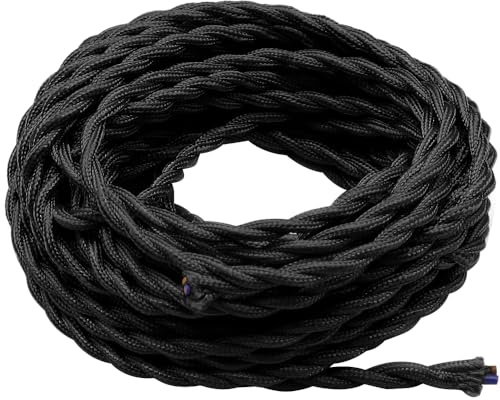 GOIYZTTR 10 Mètres Rétro Fil Electrique Tressé, Fil Electrique Rond Tissu Noir Fil Vintage à 2 Conducteurs Convient aux DIY Pendentif Lampe et Appareils Électroménagers