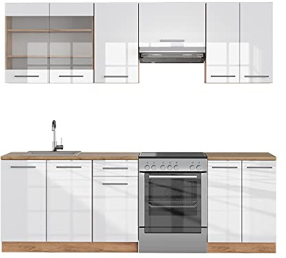 Vicco Küchenzeile Fame-Line, Weiß Hochglanz/Goldkraft Eiche, 240 cm, AP Eiche