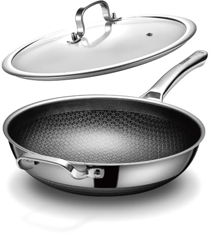 Wok-Bratpfanne, 30 cm, Antihaft, aus Edelstahl, PFOA-frei, Wokpfanne mit Deckel, geeignet für Induktion, Keramik und Gasherd
