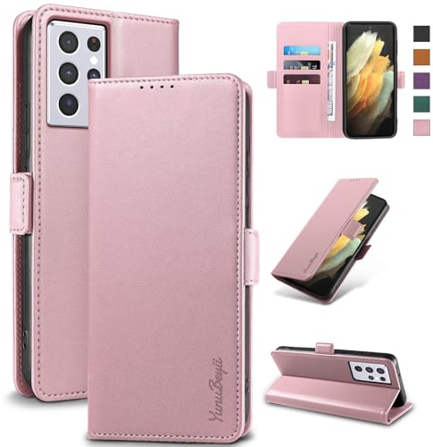 Yunubeyii Skal för Samsung S21 Ultra - [RFID-blockering] Lyxigt PU Plånbok Flipfodral Korthållare Magnetiskt Case med Kickstand, Stötsäkert Skyddsfodral, Rosa