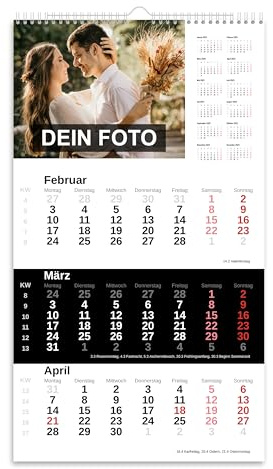 PhotoFancy® - Personalisierter 3-Monats-Wandkalender 2027 mit eigenen Fotos - Drei Monate auf einen Blick - Wandkalender mit Datumsschieber selbst gestalten