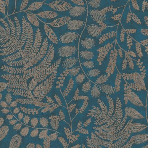 Naturtapet Profhome 388304-GU fibertapet slät med blommiga ornament matt blå guld petrol turkos-blå 5,33 m2