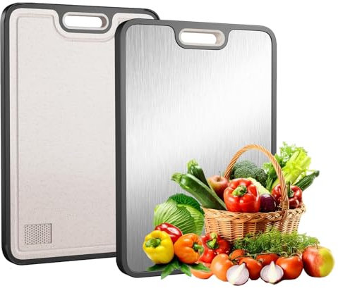 FONPOO Planche a Decouper Inox, Planche à Découper Double Face pour la Cuisine, Peut être Utilisée pour Couper de la Viande, des Légumes, des Fruits et du Pain (38,5 x 26,5 cm)