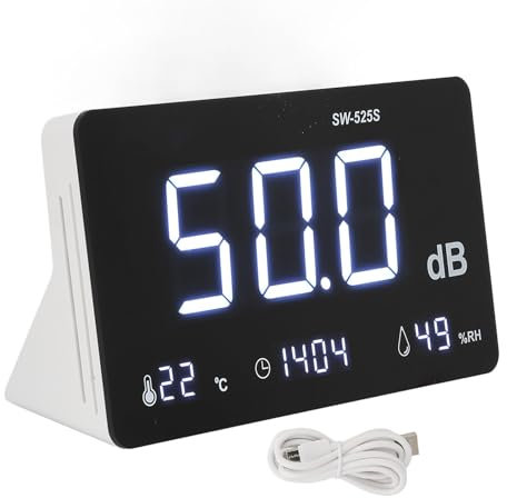 Medidor de nivel de sonido XTEVU, calibre decibelio de ruido 4 en 1 con pantalla y alarma de tiempo de humedad de temperatura, probador de decibelios de audio, monitor de ruido