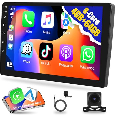 [Actualización] Autorradio 2 DIN Qualcomm 4G+64G con Apple CarPlay y Android Auto, Pantalla táctil HD de 9'' con GPS, Bluetooth, Mirror Link, SWC, EQ, FM, RDS, cámara de reversa AHD y micrófono