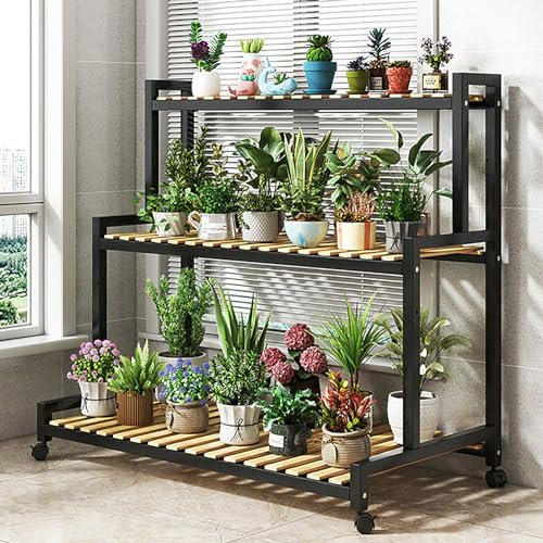 Multilayer Metal Flower Stand with Bamboo Shelf 4-Tier Indoor Succulent Plant Support Decorative Ladder Wooden Plant Holder Garden nizer for Home Décor