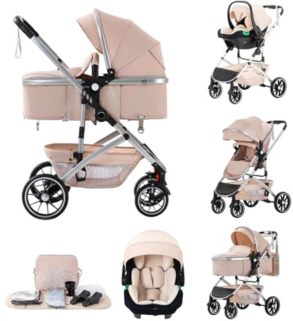 Kakbgee Passeggino 3 in 1, pieghevole con un clic, sistema da viaggio per la città, carrozzina e seggiolino auto con zanzariera, passeggino alto per neonati da 0 a 4 anni, beige