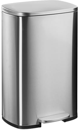 Relaxdays Cubo Basura Baño 50 litros, Papelera Cocina Cierre Suave, Pedal, Bote Residuos Rectangular Extraíble, Plateado