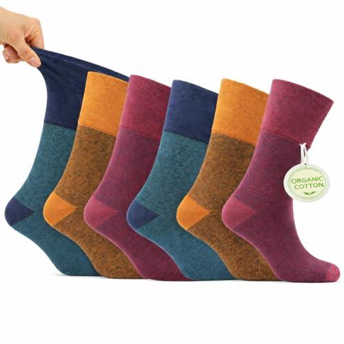 Wellness Sox för män – 6 par ekologiska bomullsstrumpor med icke-elastisk manschett – arbete, promenader och resor | antibakteriell diabetiker | UK 6-11 | EU 39-46, Waterton, one size