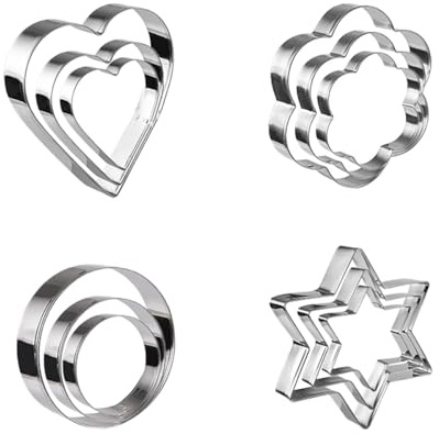Stainless Steel Cookie Cutter Set 12 Pcs - Round, Heart, Star, Flower Shapes for Baking Biscuits, Pastry, Cake Decorating - Reusable Biscuit Cutters and Pastry Molds for Kitchen, Christmas, Birthday,