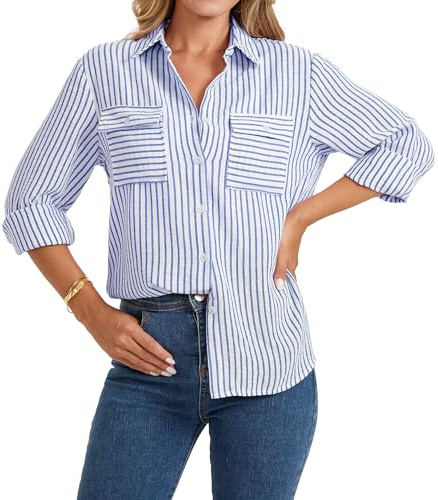 Enmain Camicia Donna Blu Righe in Lino Manica Lunga Camicie con Bottoni in Cotone Classico Casual Bluse Estiva con Colletto a V e Tasche per Ufficio e Lavoro L