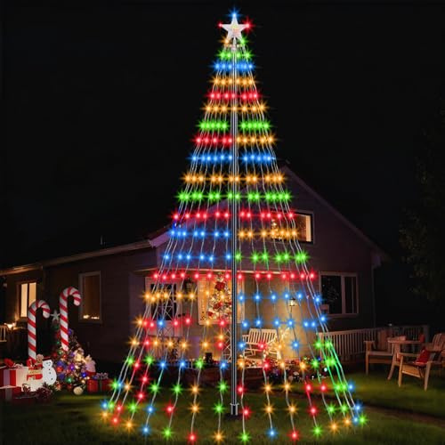 7M Outdoor Flag Pole Christmas Tree Light Kit, 630 LED FlagPole Christmas Tree Lights with Star Topper 8 Modes, Flag Pole Waterfall Christmas Lights with Ring for Flagpole Xmas Decorations Yard