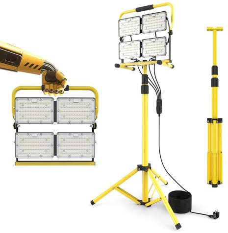 26000LM LED-Arbeitsleuchte mit Ständer, tragbare Arbeitsleuchte mit 4 Köpfen und 5,0 m langem Kabel – IP66 wasserdichte Flutlichtleuchte für Werkstatt, Garage, Baustelle und Außenbeleuchtung