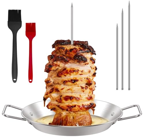 Vertical Meat Skewer, Stainless Steel BBQ Vertical Skewer Grill with 3 Replacement Spikes(8 10 12), Brazilian Barbecue Grilling Rack Meat Spit with Drip Tray for Whole Chicken Fish Sausage Steak