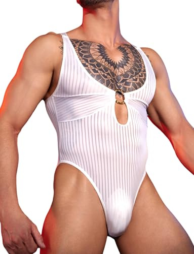 AIEOE Herren Body Sexy Durchsichtig Einteiler Unterwäsche Striped Bodysuit Stringbody mit Druckknopf Sissy Dessous Netz Lingerie