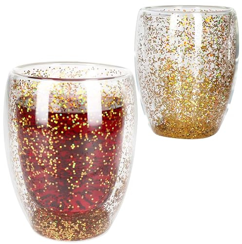 MamboCat Konfetti 2er Set doppelwandige Gläser 270ml I Gold-Glitzer I für Heiß- & Kaltgetränke I Thermoglas für Cappuccino, Tee, Cocktails, Wasser I Partys, Weihnachten, Silvester
