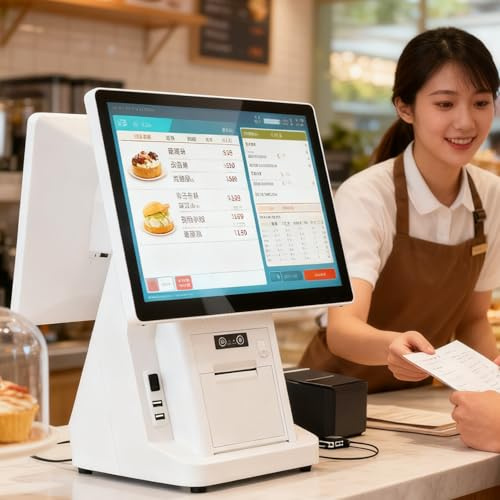 Qiang Caisse Enregistreuse Intelligente Tout-en-Un,POS Cash Register,éCran Tactile 15,6,8G Ram,128G Ssd,Windows,Imprimante intégrée,Prend en Charge 30 Langues,for Retail and Restaurant Dualscreen