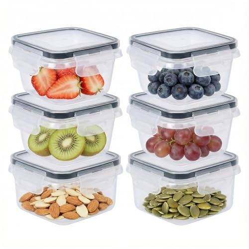 WORLUDE 6 Pack 350ml Square Airtight Food Containers with Lids, Reusable Plastic Sealed Snack Pots with Clip Lock, Leak-proof Small Storage Container Set Stackable for Snack, Yoghurt, Fruit