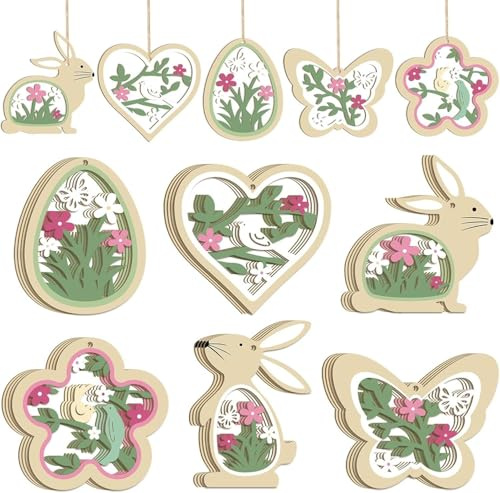 TENGWA 24 Piezas Pascua Decoracion Madera 8 cm Adorno de Madera Pascua Verde Letrero Colgante Madera Huevos Conejos Mariposas Flores Corazones Decoración Primaveral Interior Exterior
