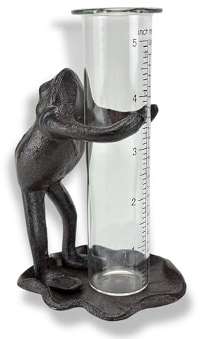 Crispe home & garden Regenmesser Frosch, dekorativer Regenmesser mit Gusseisen-Figur, mit Glasröhre & Skala bis 120 mm, wetterfest & stabil, Gartendeko Vintage Design, 16 x 10 x 8 cm