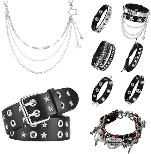 Tastetreasure 9-teiliges Y2K Unisex Accessoires Set - Inklusive Retro-Gürtel, Schwarzes Halsband, 6-teiliges Armband-Set & Metall-Hosenkette - Grunge & Alt Streetwear