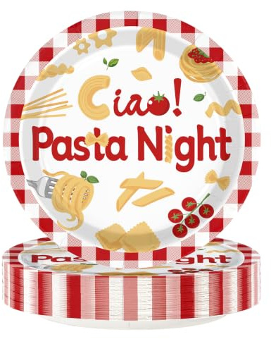 Greencian 50Pcs Ciao! Pasta Night Paper Plates 9 Inch for Italian Birthday | Tomato Pasta Disposable Plates Italian Spaghetti Birthday Dessert Plates for Girls Women Italy Theme Spaghetti Night