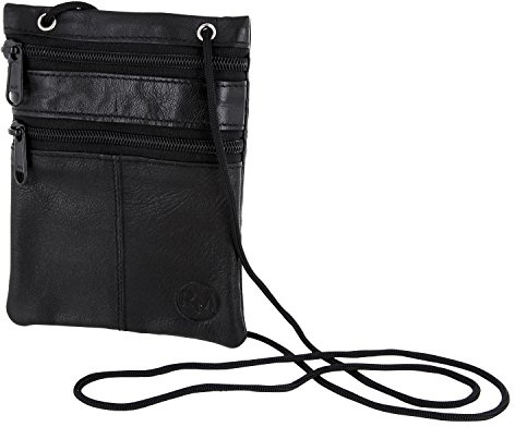 ReNa-Retail Brustbeutel Leder - Groß Schwarz Braun Vintage Geldbeutel Geldbörse Umhängen Sichtfenster Damen Herren Mädchen Jungen Kinder Busausweis Kleingeld Sichtfach Reißverschluss RFID Reise