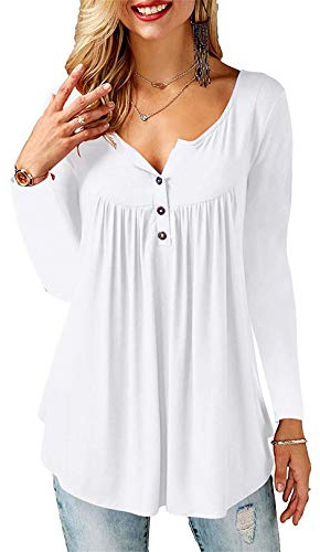 Amoretu T-Shirt Damen V-Ausschnitt Knopfleiste Bluse Solide Tunika Sommer Tops, S, A-aweiß