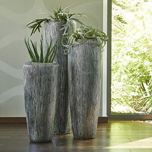 Edle & Hochwertige Pflanzvase Rillenstruktur - Fiberglas - Inklusive Einsatz – Indoor – Pflanzkübel Metallic/Metallisch (Groß: 120cm, Silber)